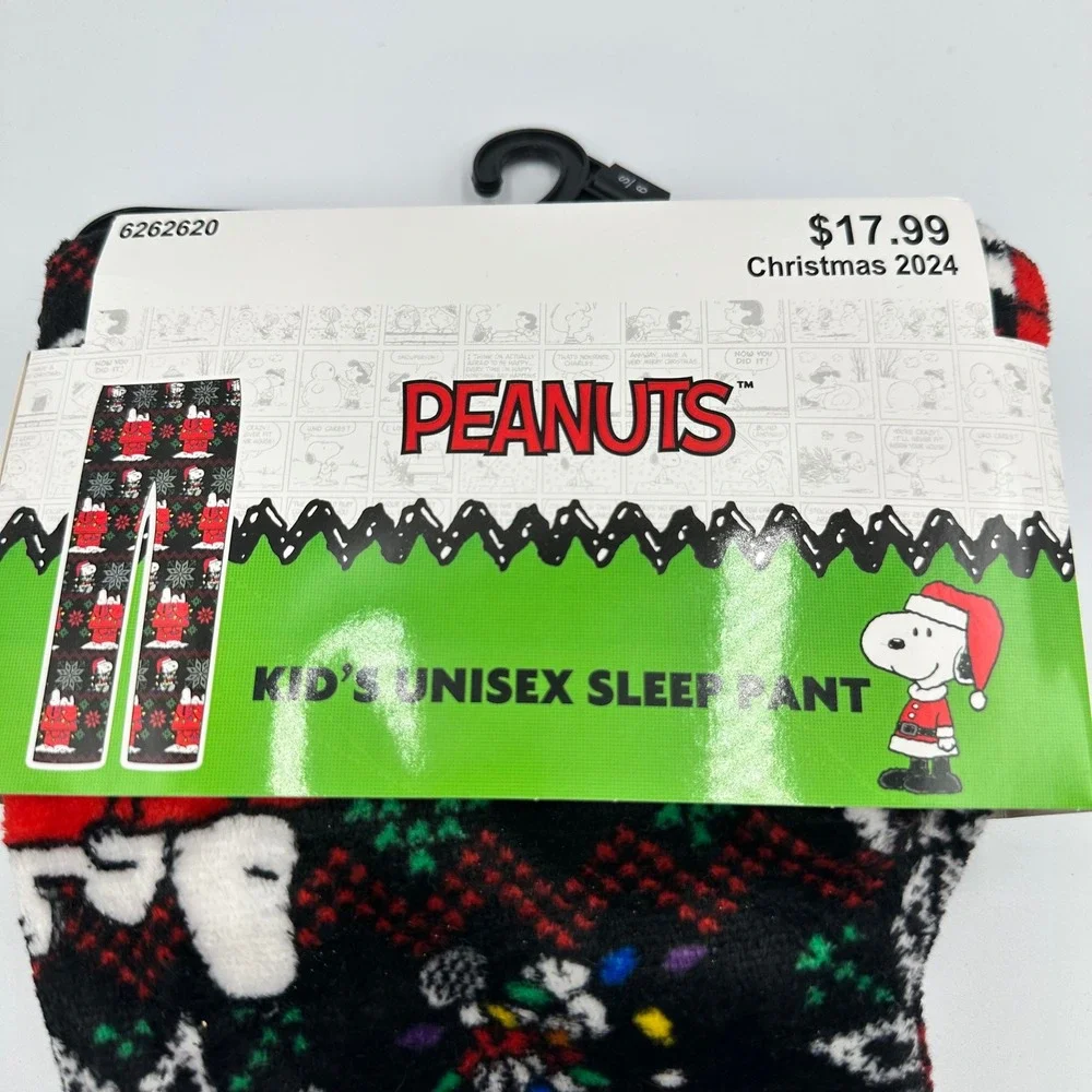 Peanuts Snoopy Christmas Kids Unisex Sleep Pajama Pants Black Red Small 6 NEW